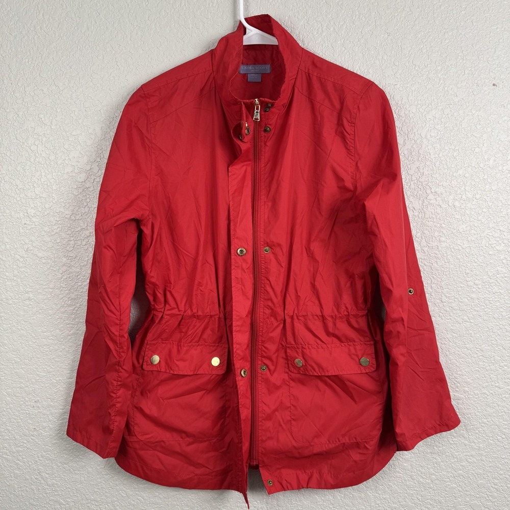 Laura Scott Jacket Womens Small Petite Red Lightweight Snap Zip Pockets Rain